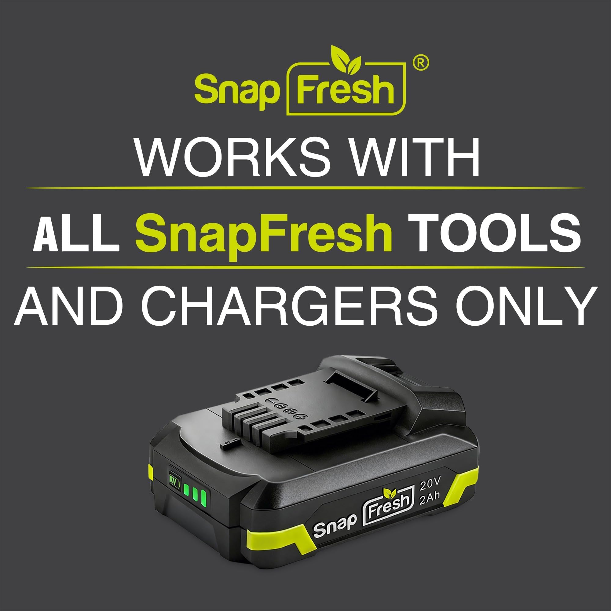 SnapFresh BBT-DC20A battery side label highlights 20V and 2.0Ah capacity.