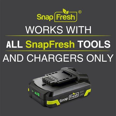 SnapFresh BBT-DC20A battery side label highlights 20V and 2.0Ah capacity.