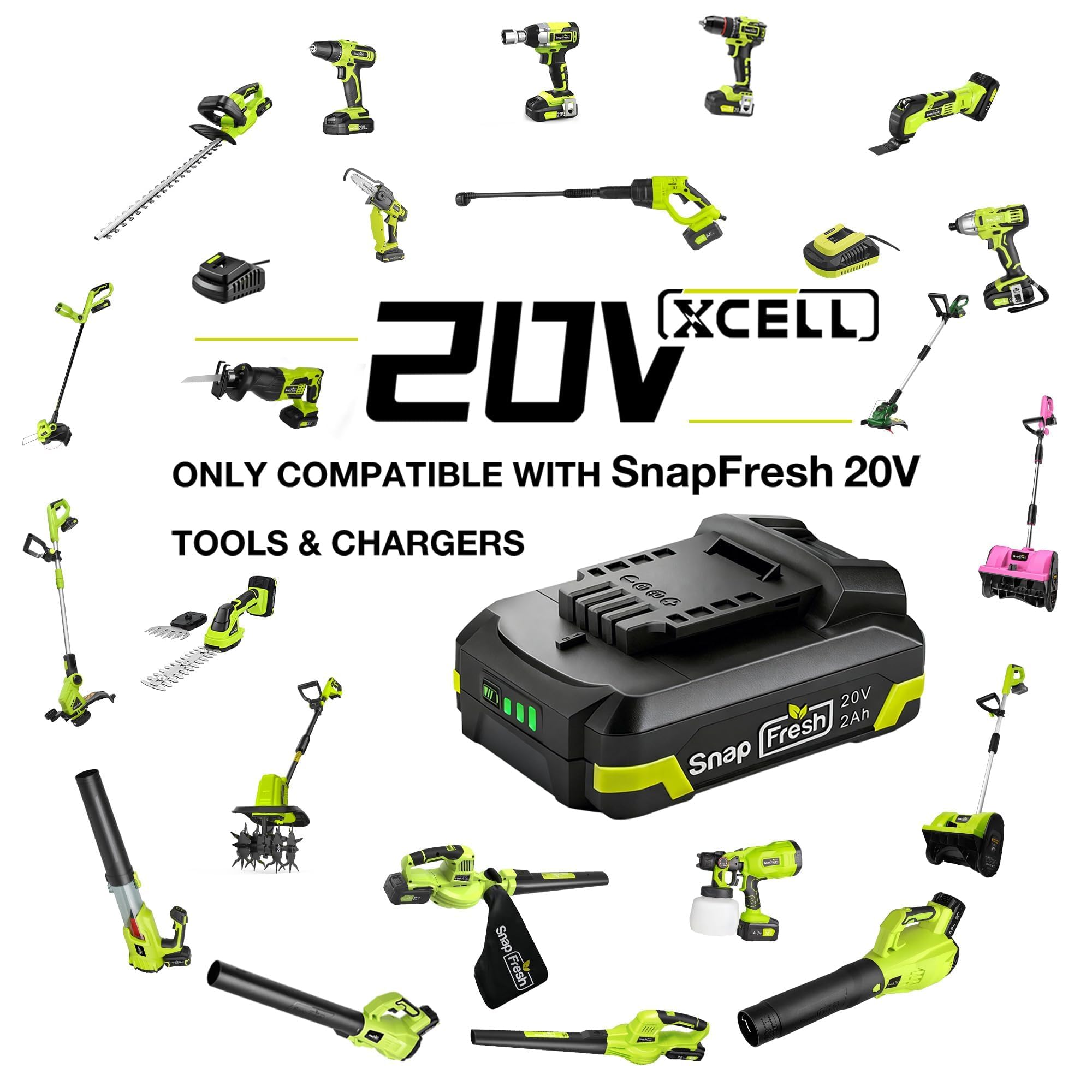 SnapFresh BBT-DC20A offers 10–30 minutes runtime depending on tool.