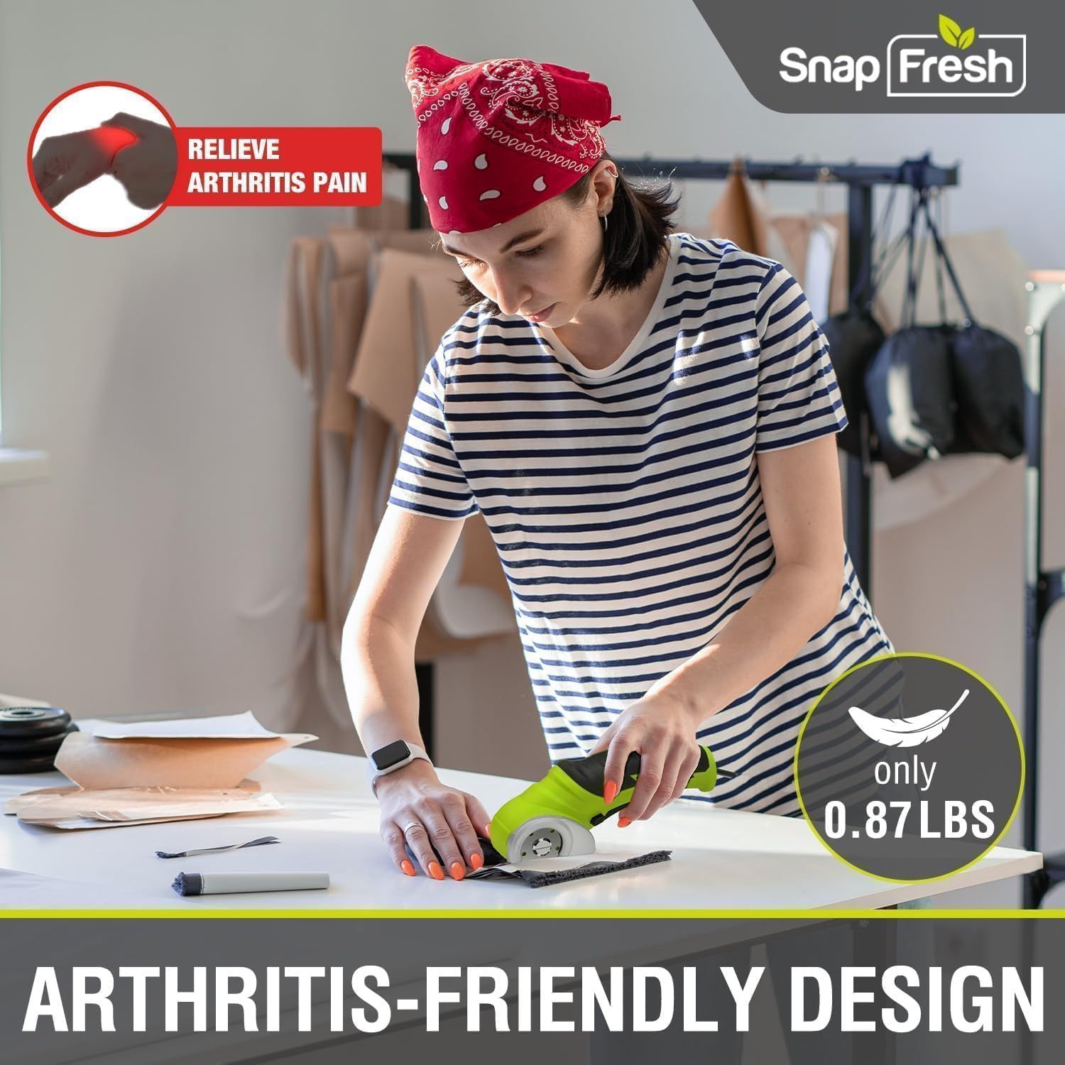SnapFresh cutting cardboard, leather, and plastic with low-noise operation.