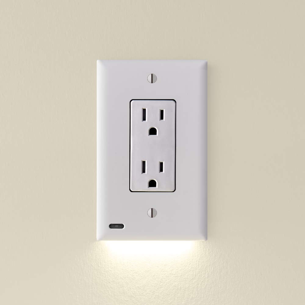 SnapPower GuideLight LED outlet plate adds subtle night illumination for safer hallway steps.