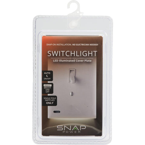 SnapPower SwitchLight LED night light on a single-pole switch illuminates night-time navigation