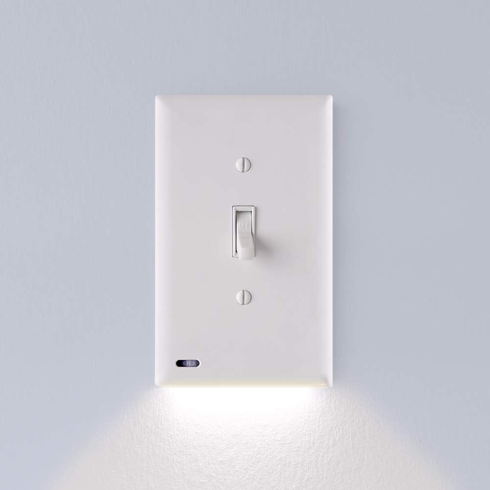 SnapPower SwitchLight wall-faceplate close-up shows a sleek night-light for safer nighttime navigation.