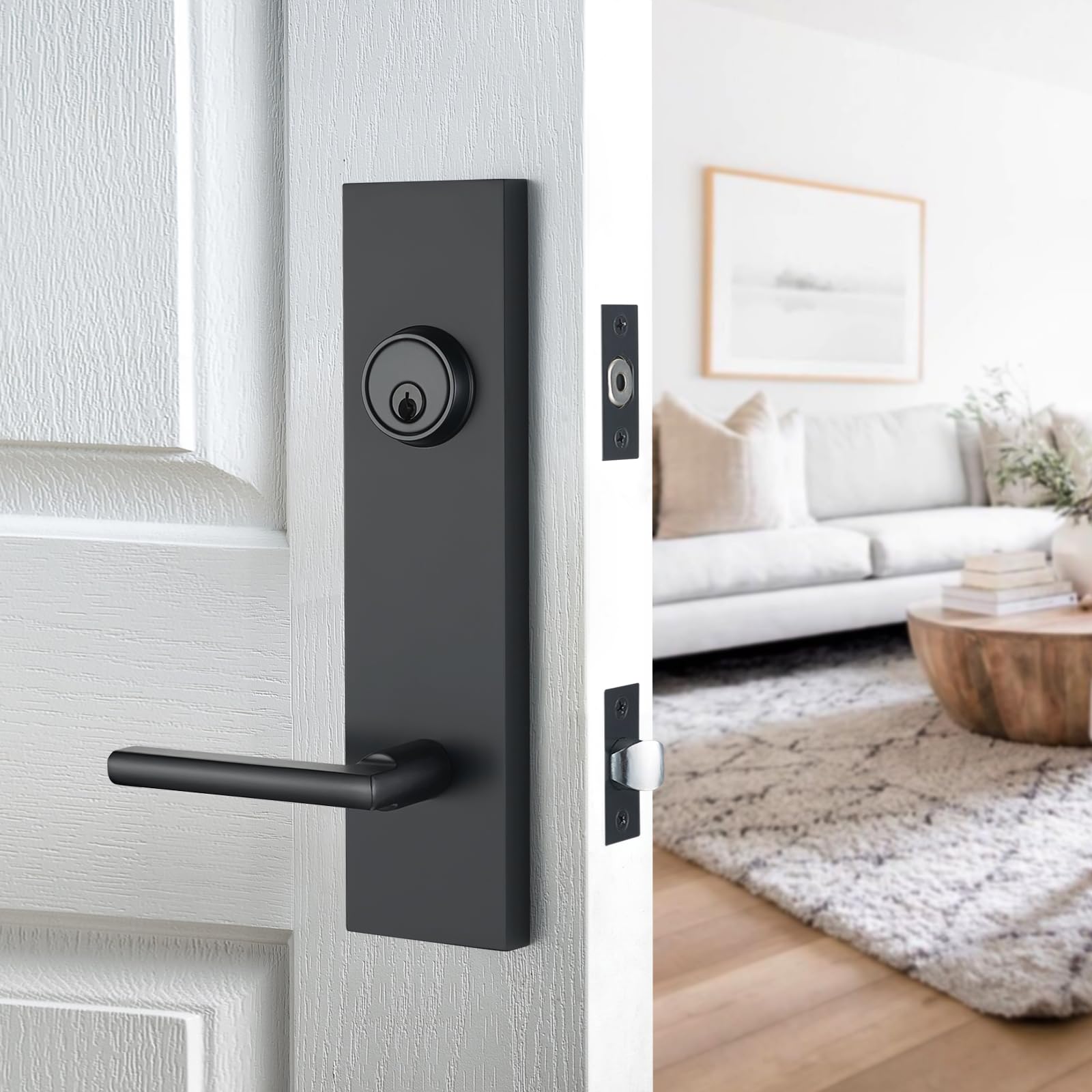 SNBTLA matte-black deadbolt provides strong exterior security with style.