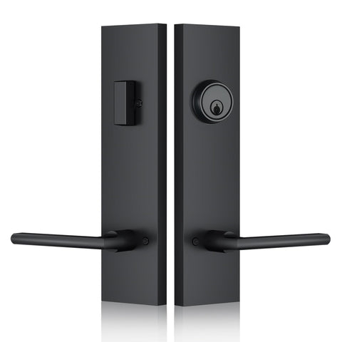 SNBTLA matte-black front door handle enhances curb appeal and security.