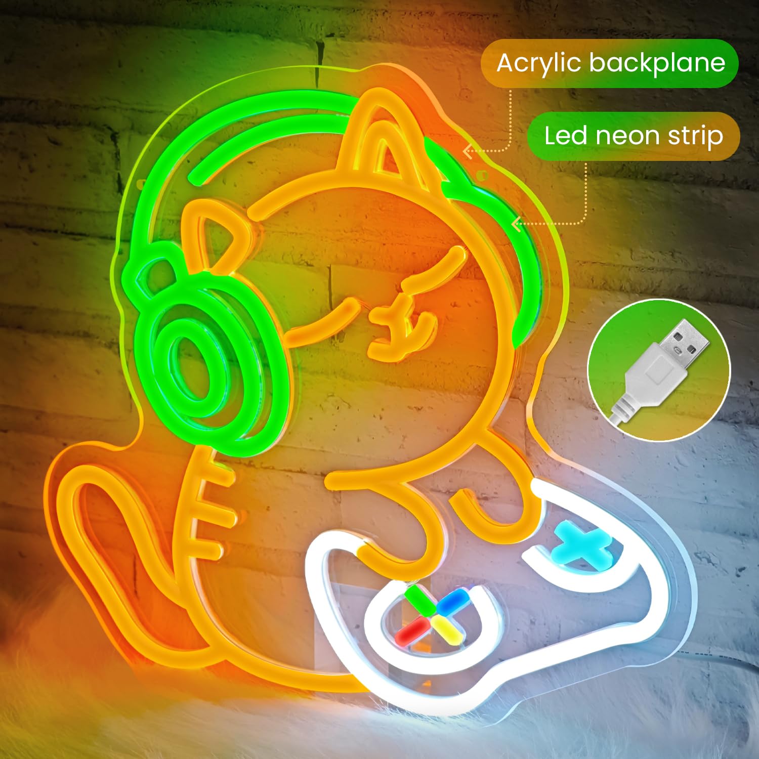 Sneignon Cat Gamer Neon Sign with game controller adds playful ambience to playroom.