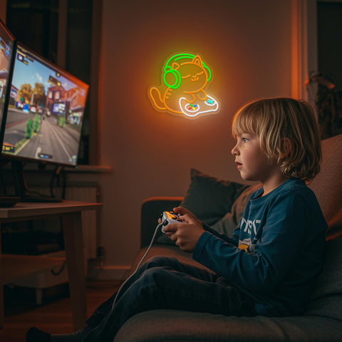 Sneignon Cat Gamer Neon Sign enhances streams with a soft glow.