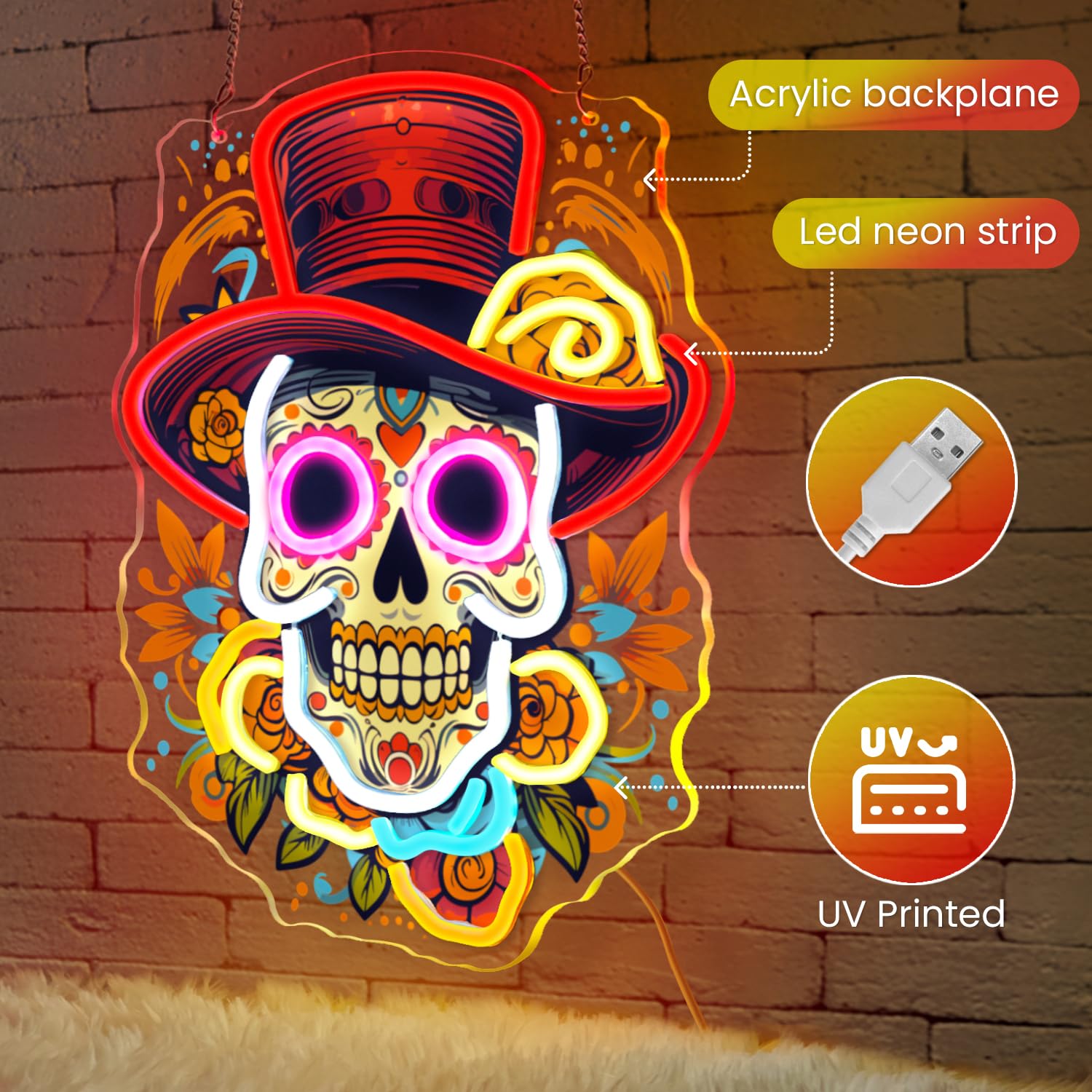 Sneignon neon skull with cactus hat brightens bars and party backdrops