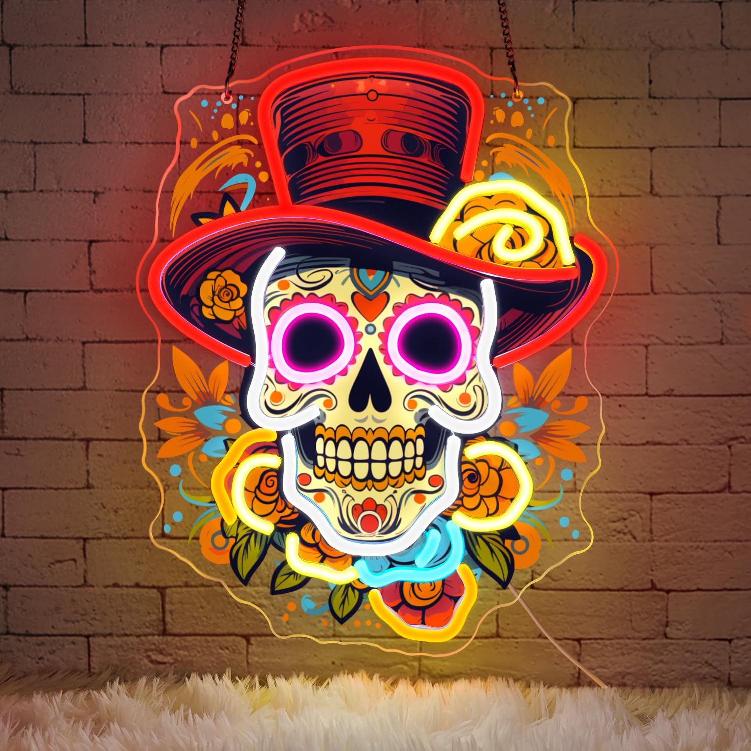 Sneignon Day of the Dead neon skull with flowers glows warmly for home decor