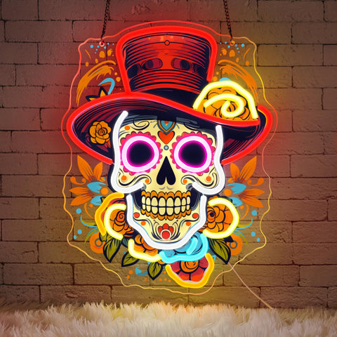 Sneignon Day of the Dead neon skull with flowers glows warmly for home decor