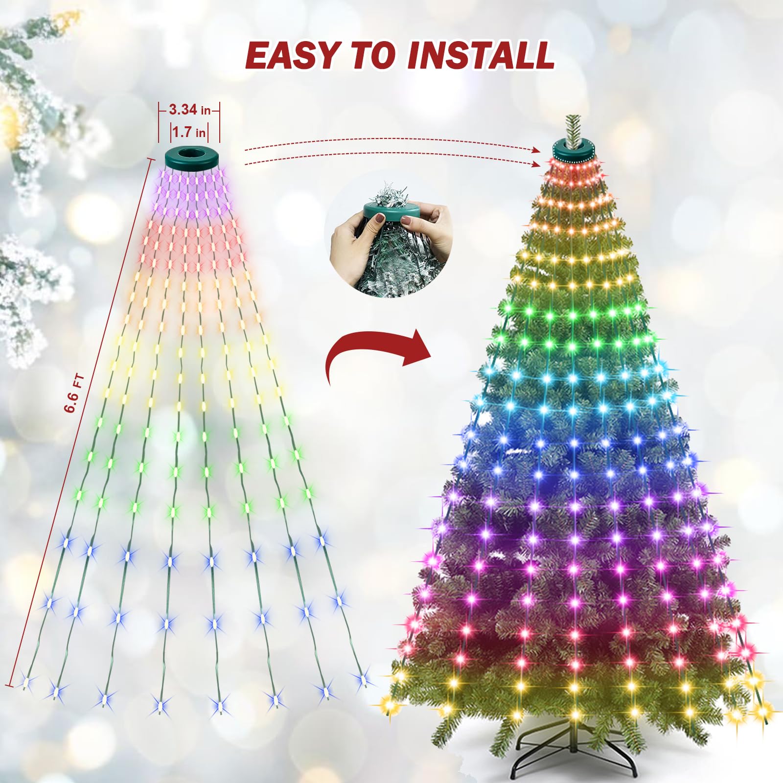 Snorvindle 200 LEDs cascade along the tree for a vibrant illumination