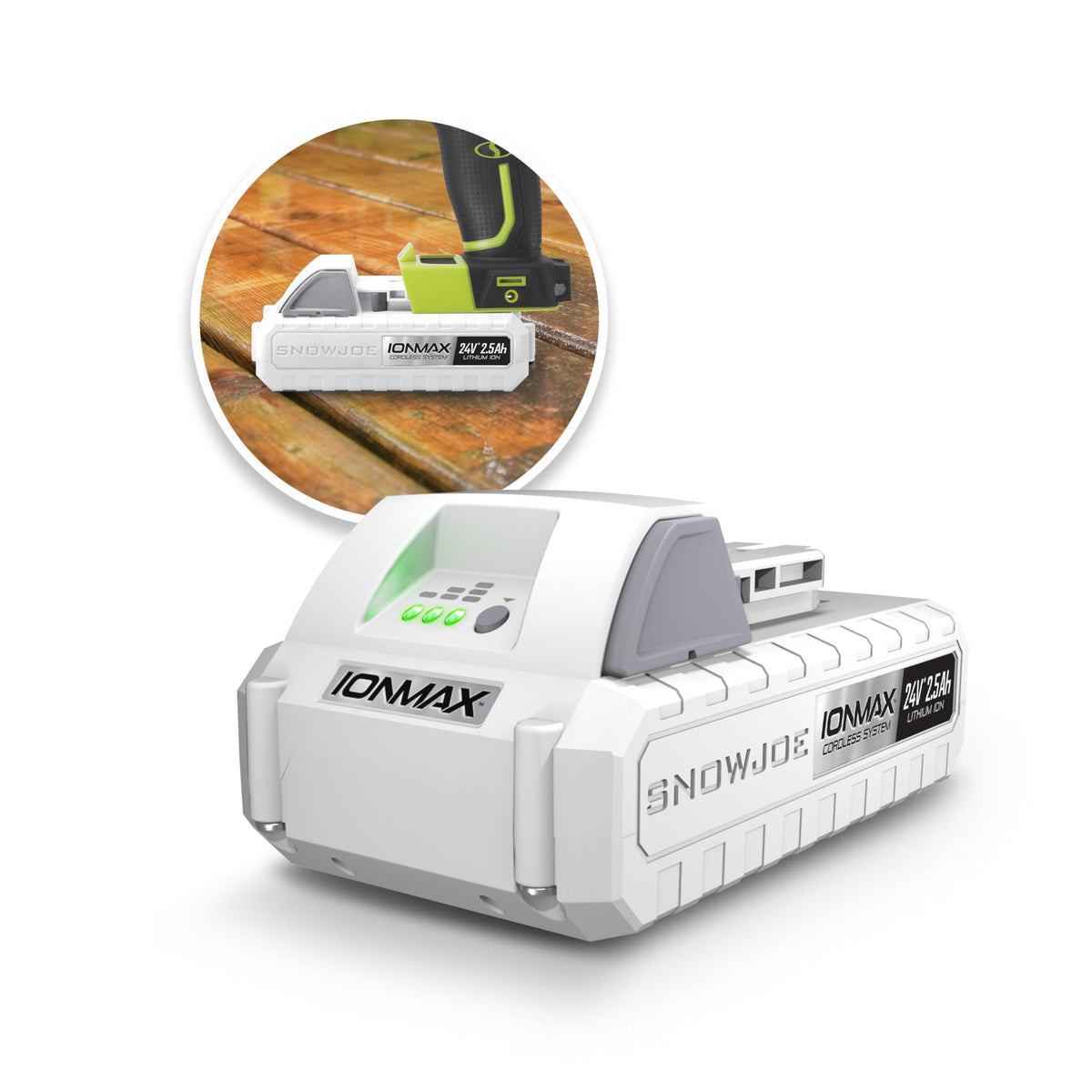 Snow Joe 24V battery in compact lithium-ion form powers cordless tools