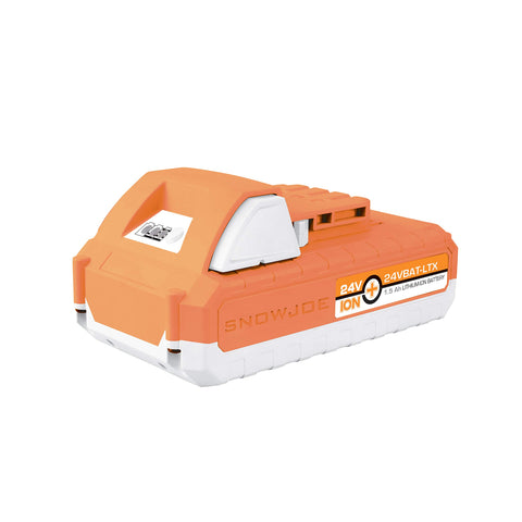 Snow Joe 24VBAT-LTX battery pack front view, compact and ultra-light for easy handling.