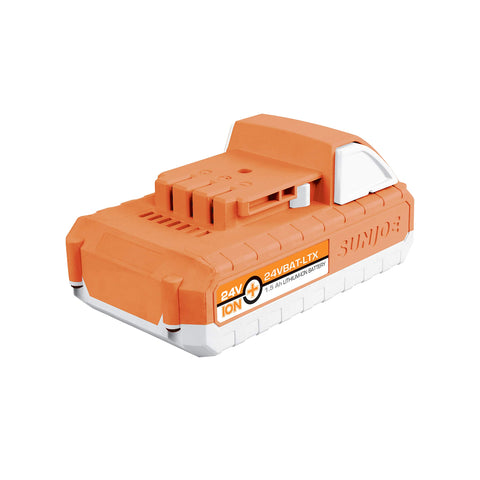 Snow Joe 24VBAT-LTX battery pack showing fuel gauge indicator for charge status.