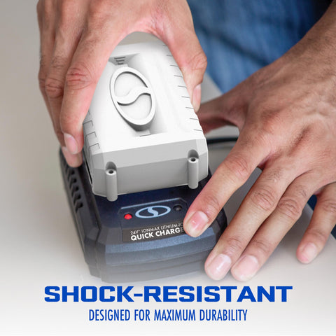 Snow Joe Ionmax battery in tool slot ready for cordless power
