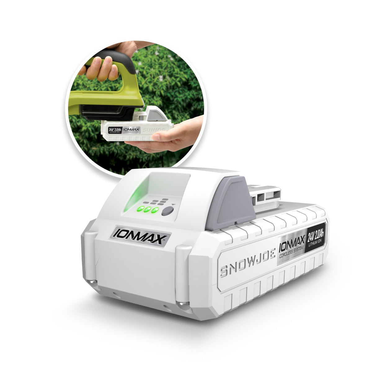 Snow Joe IONMAX 24V battery, compact and lightweight for easy tool swapping.