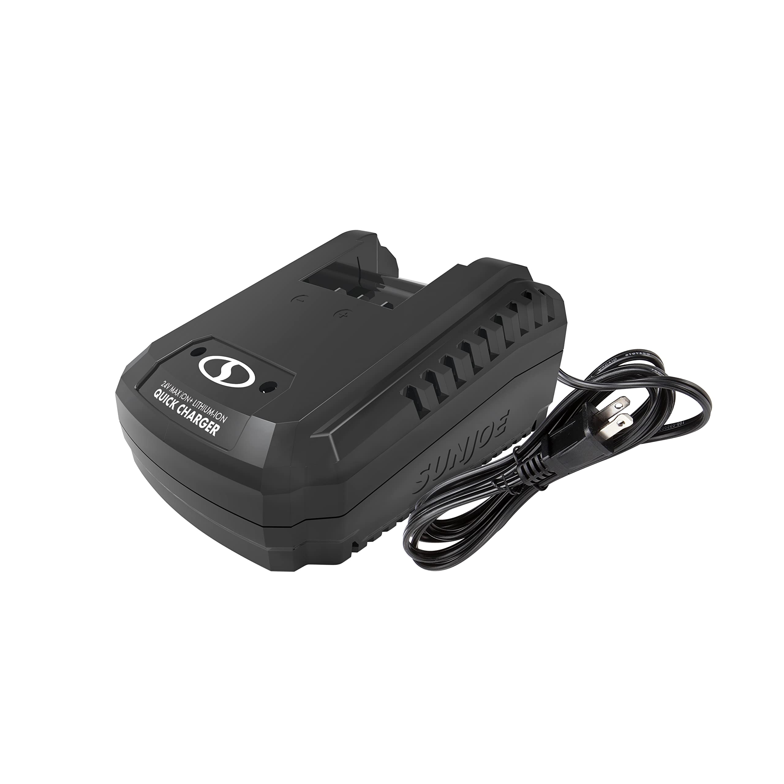 Snow Joe IONMAX dual-port charger front view powering two batteries quickly for extended runtimes