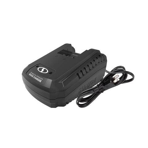 Snow Joe IONMAX dual-port charger front view powering two batteries quickly for extended runtimes