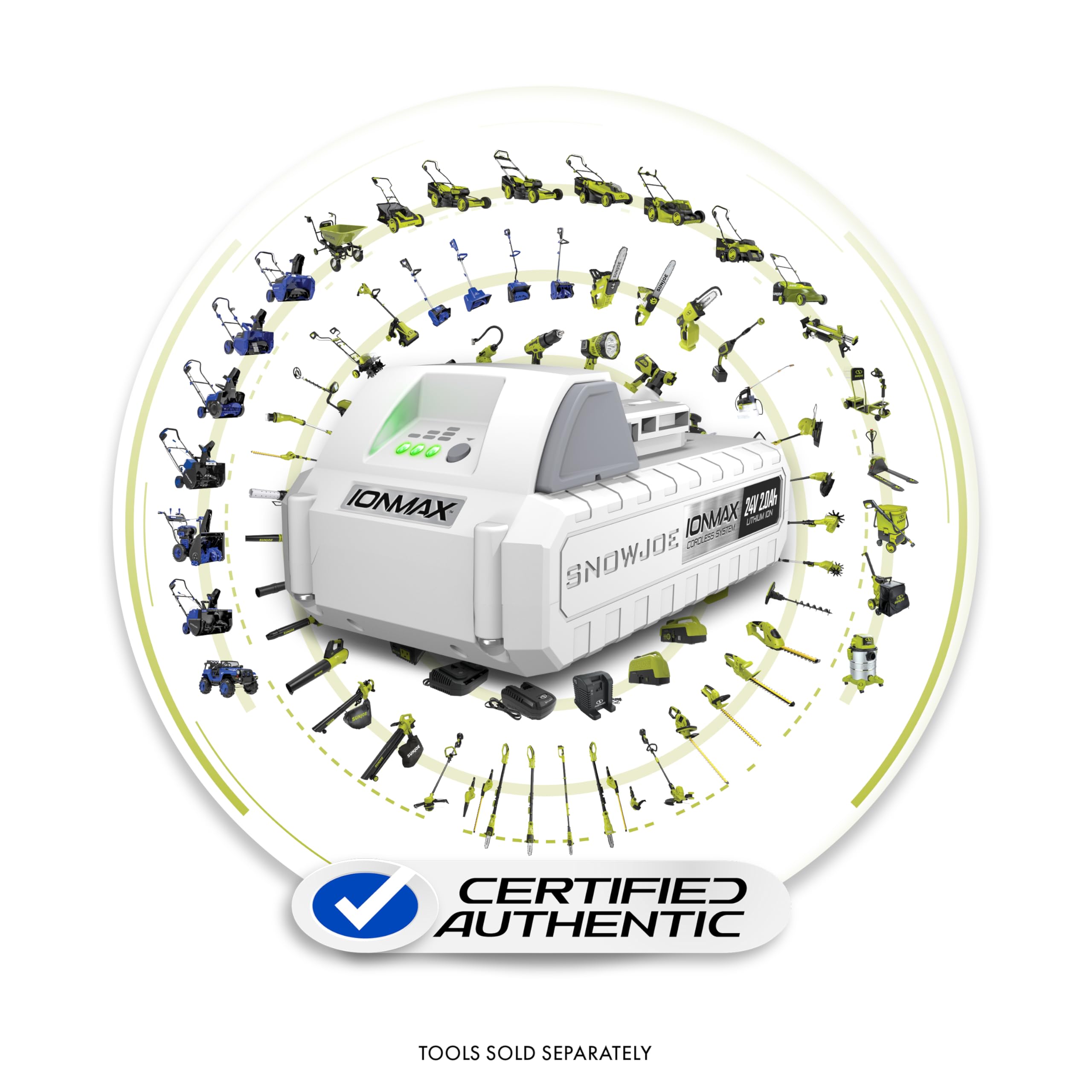 Snow Joe IONMAX battery with fuel-gauge indicators for at-a-glance charge status.
