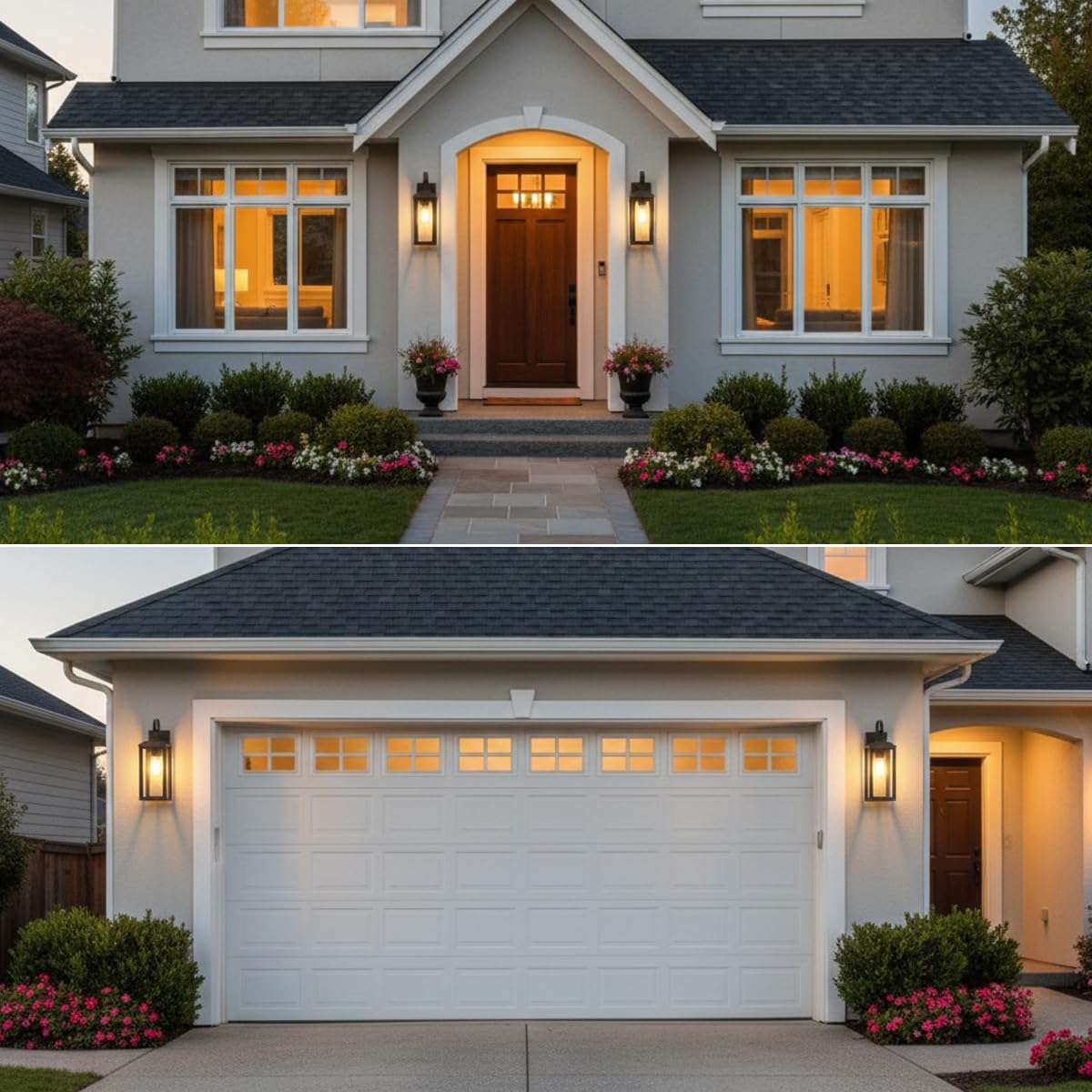 SNRU farmhouse black exterior coach lights add contemporary curb appeal.