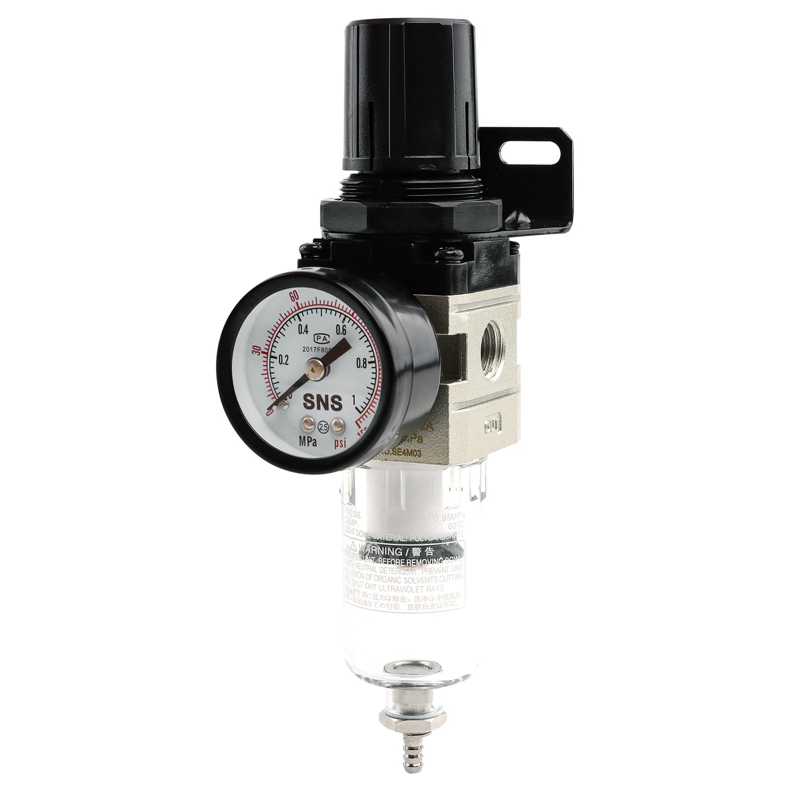 SNS AW2000-N02A filter-regulator with bowl, compact filtration for tight spaces.