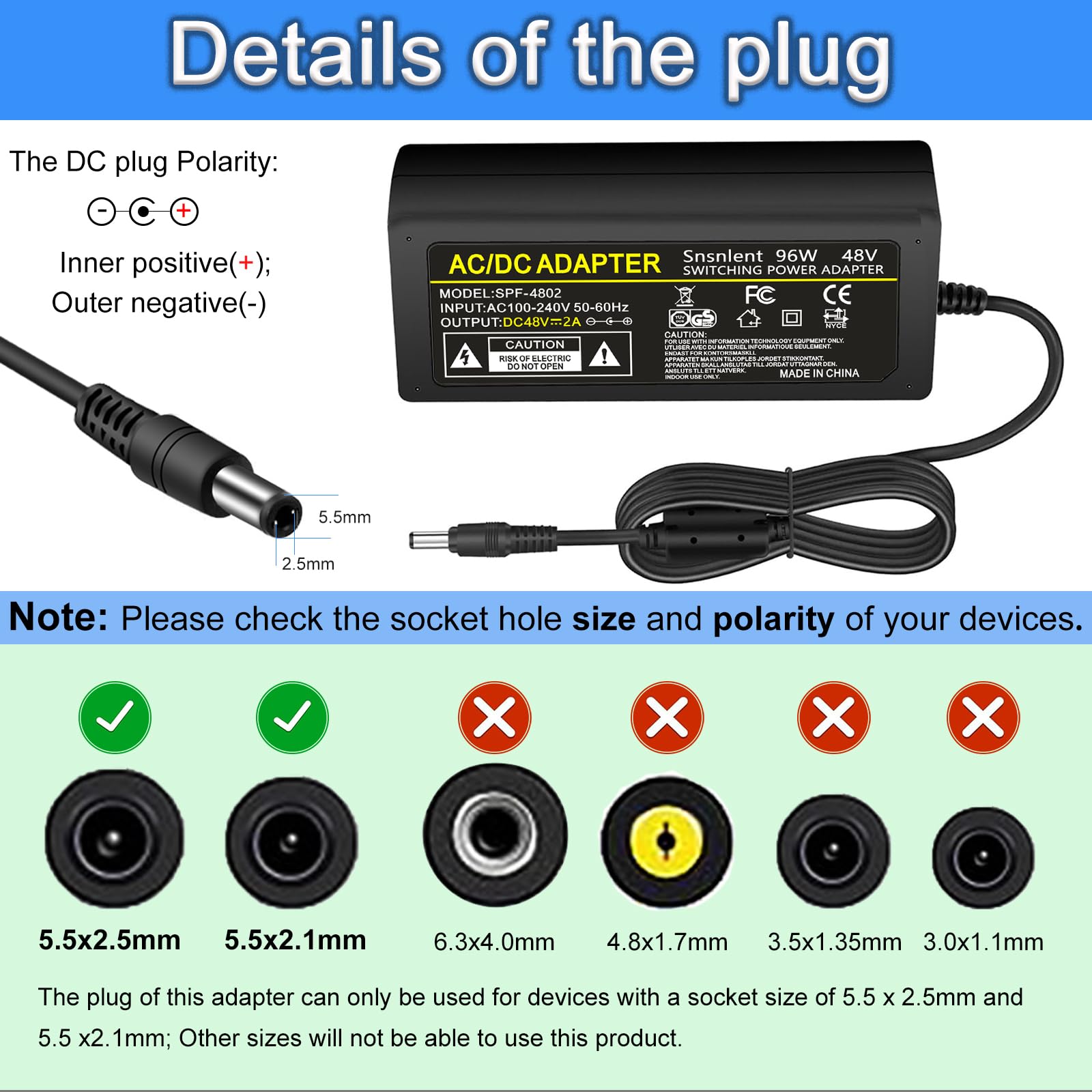 Snsnlent 48V 2A adapter safety protections for reliable operation
