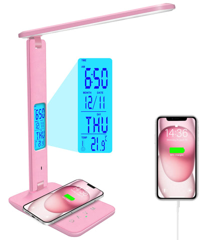 snsok desk lamp with wireless charger in pink for clutter-free bedside charging