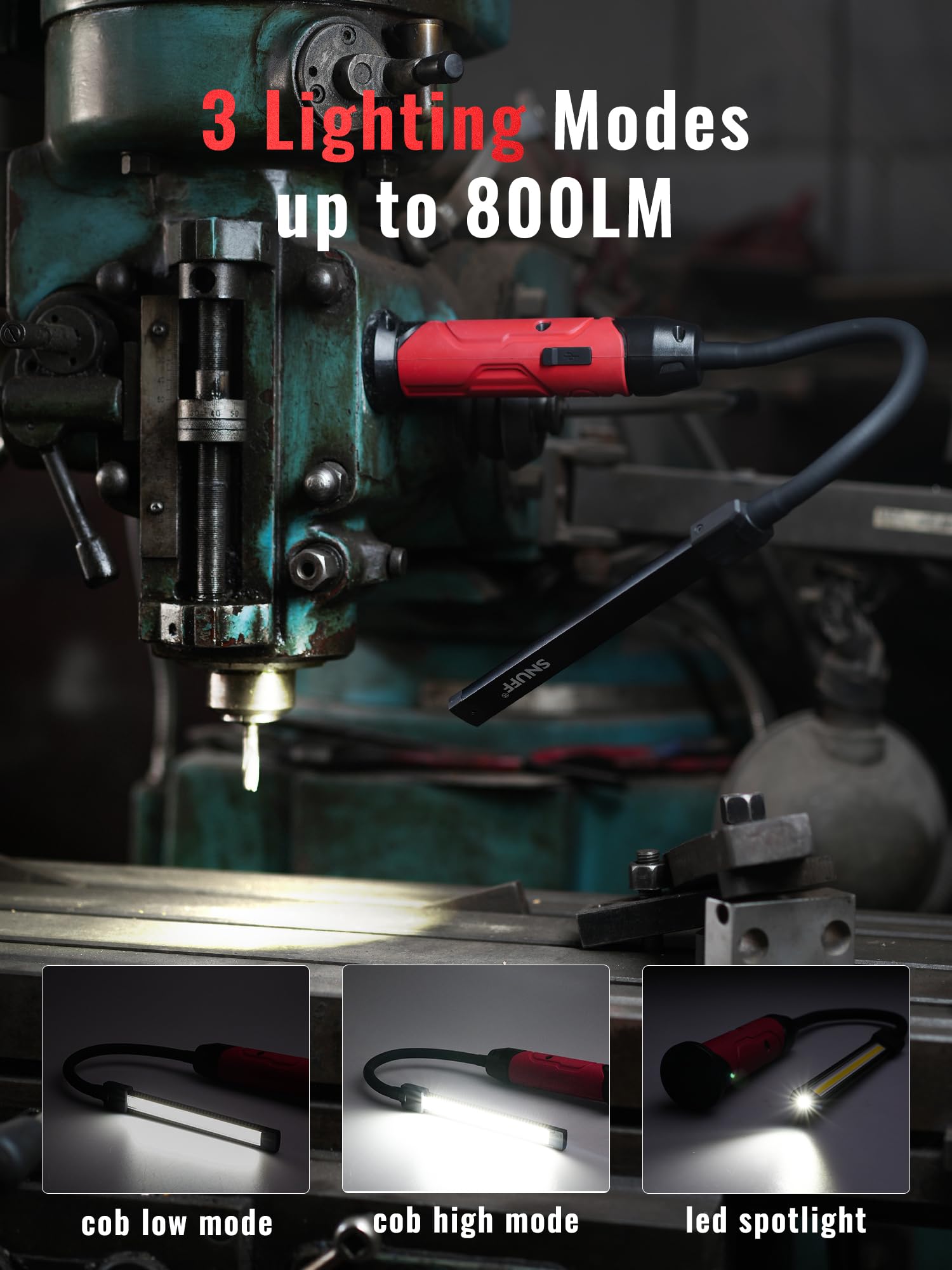 SNUFF 800LM COB/LED light provides near-field tasks and bright wide-area illumination from the dome.