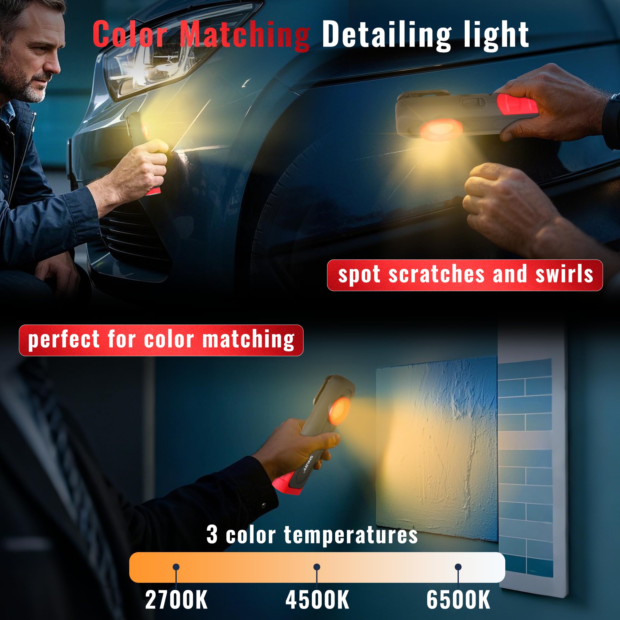 SNUFF detailing light in floodlight mode covers larger areas for quick inspection