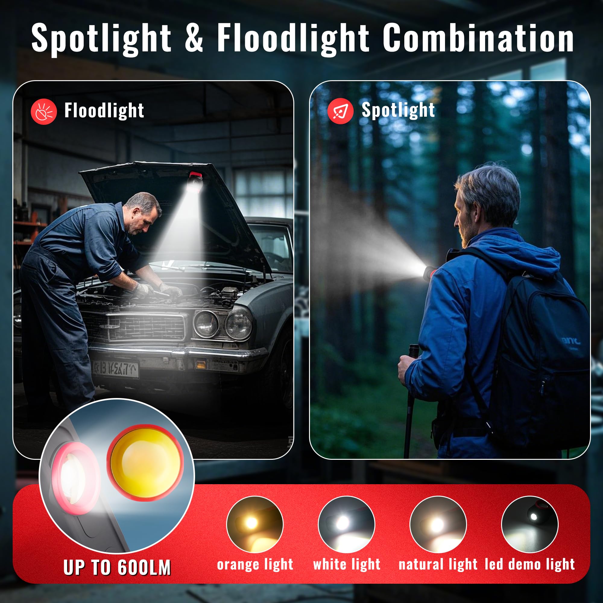 SNUFF magnetic-base light attached to metal panel for stable hands-free work