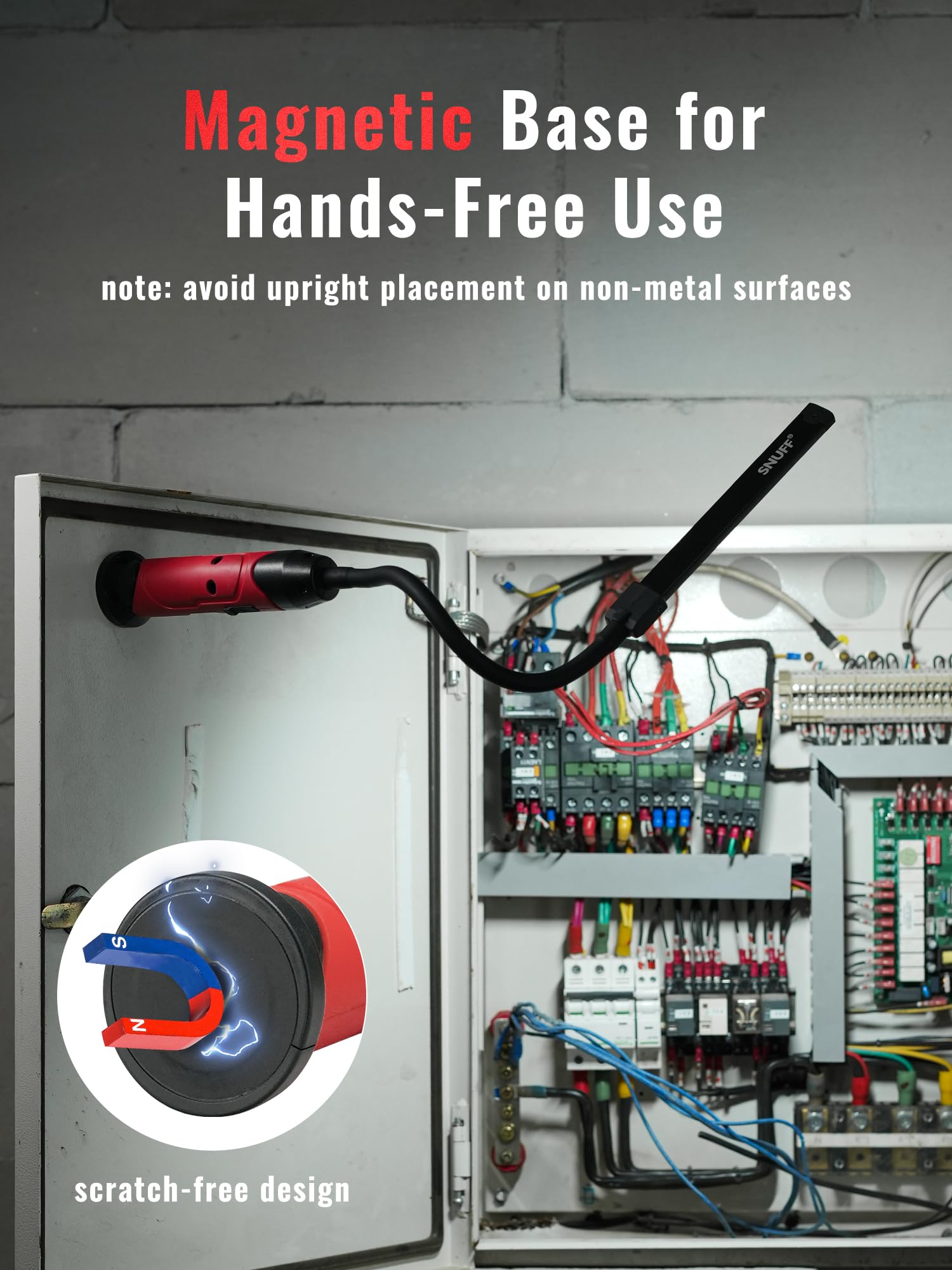SNUFF magnetic base enables hands-free work during repairs, drills, or CNC setup.