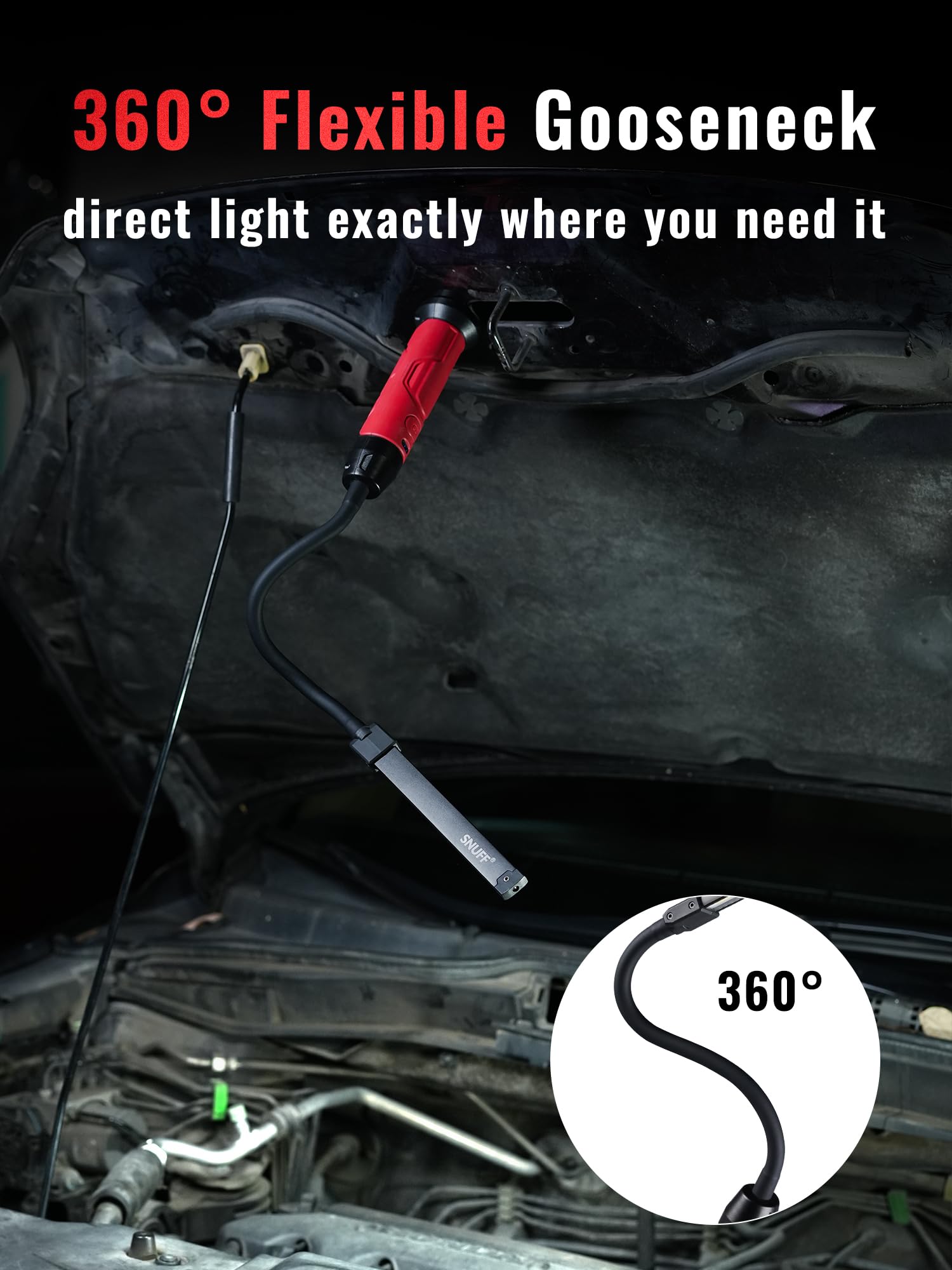 SNUFF work light mounted on metal surface with flexible reach for tight engine bays.