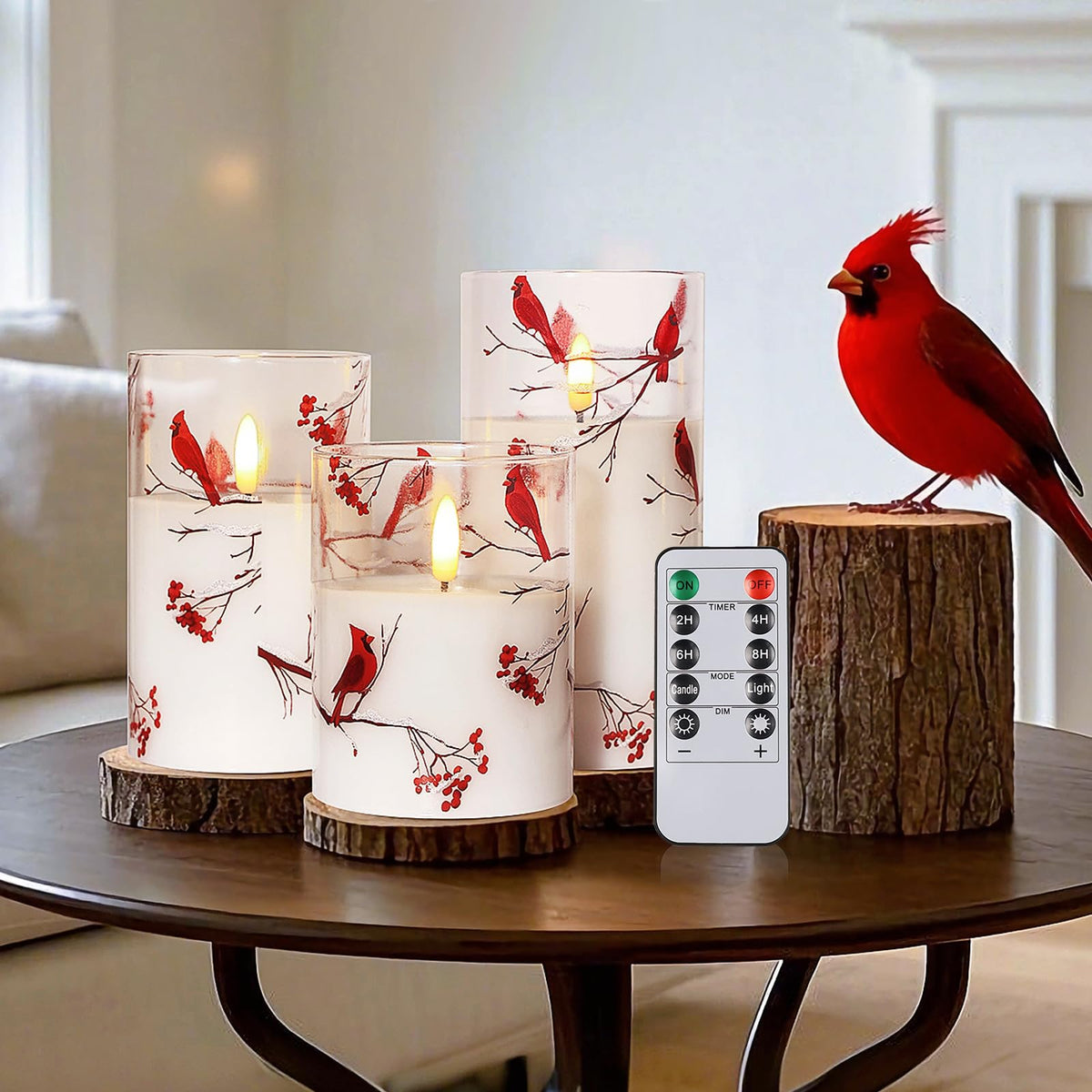SNUGBLAKI cardinal flameless candle 3x4inch with realistic wax finish for cozy ambiance
