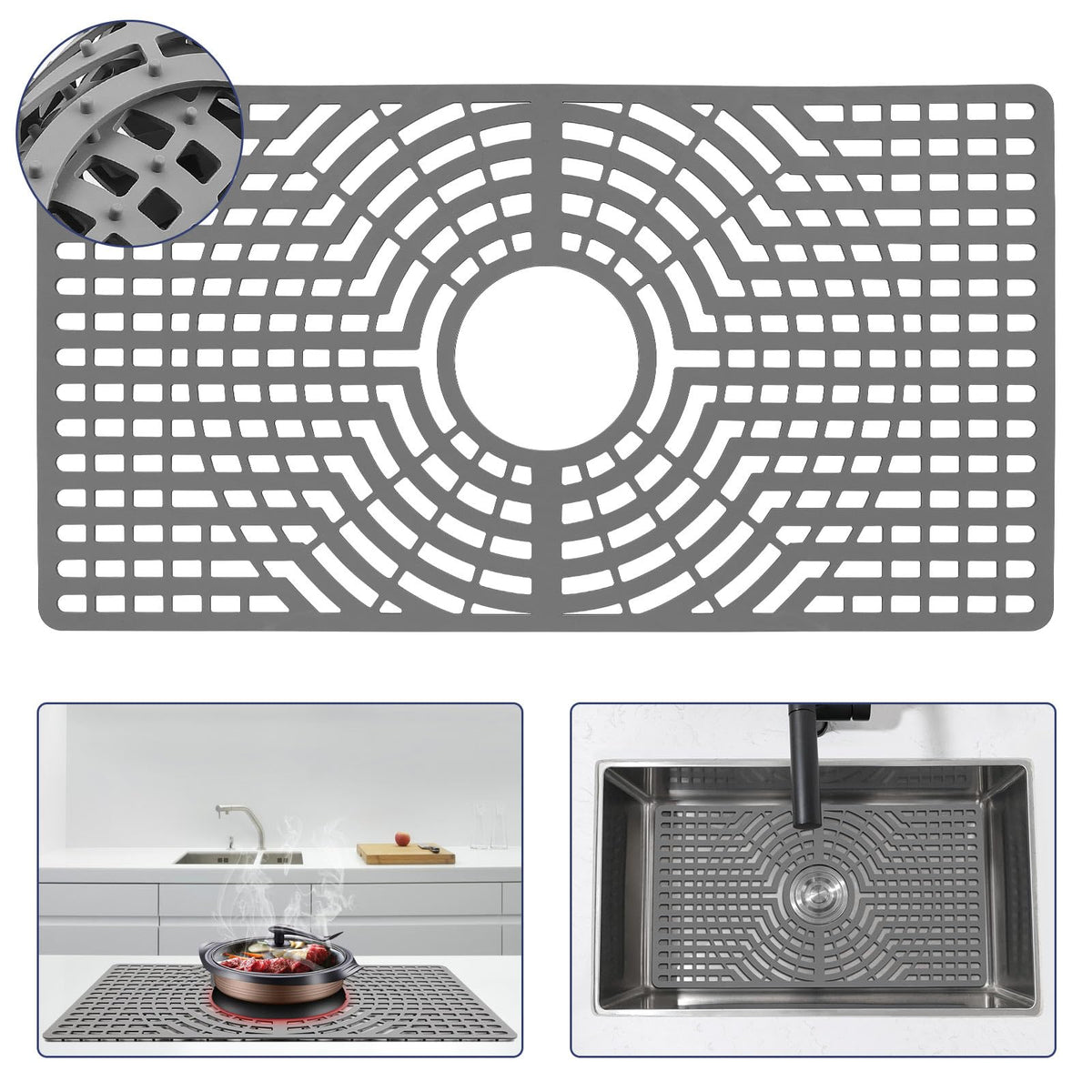 Snuggery silicone sink protector with center drain hole protects farmhouse sinks while draining water.
