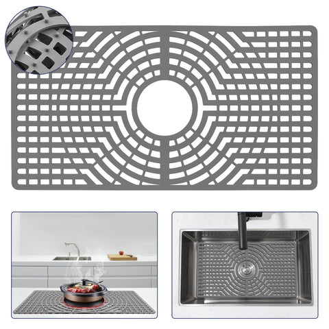 Snuggery silicone sink protector with center drain hole protects farmhouse sinks while draining water.