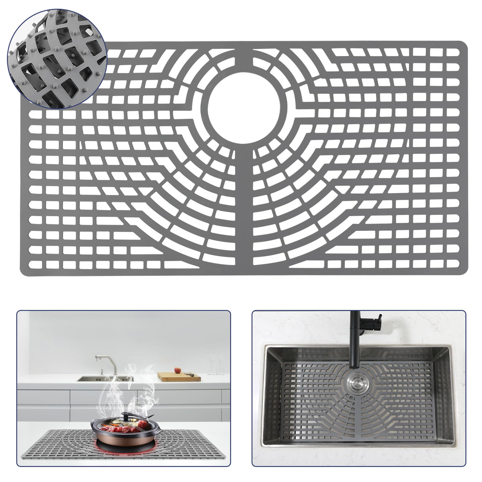 Snuggery silicone sink protector in grey covers sink bottom and protects dishes.