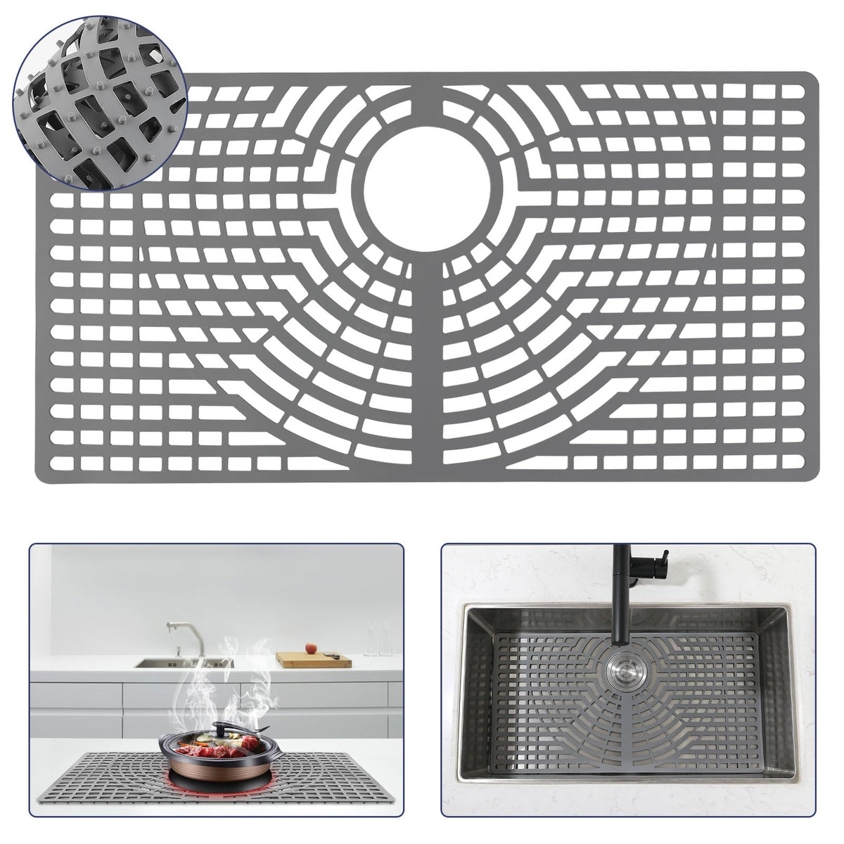 Snuggery silicone sink protector in grey covers sink bottom and protects dishes.