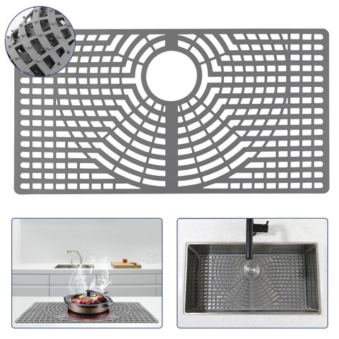 Snuggery silicone sink protector in grey covers sink bottom and protects dishes.