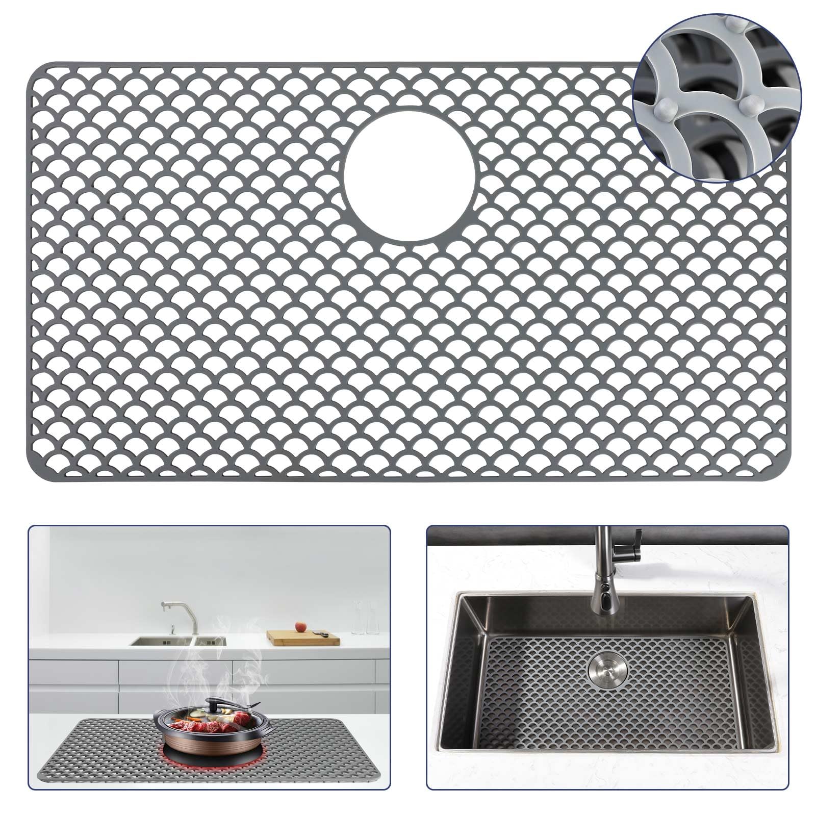 Snuggery silicone sink protector 28x15 with rear drain hole showing water flow and protection
