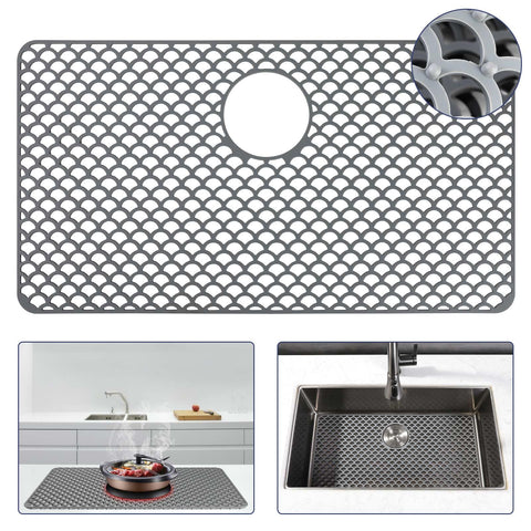 Snuggery silicone sink protector 28x15 with rear drain hole showing water flow and protection