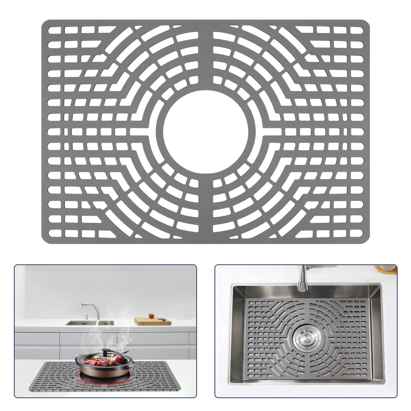 Snuggery silicone sink protector with center drain hole shows full bottom coverage.
