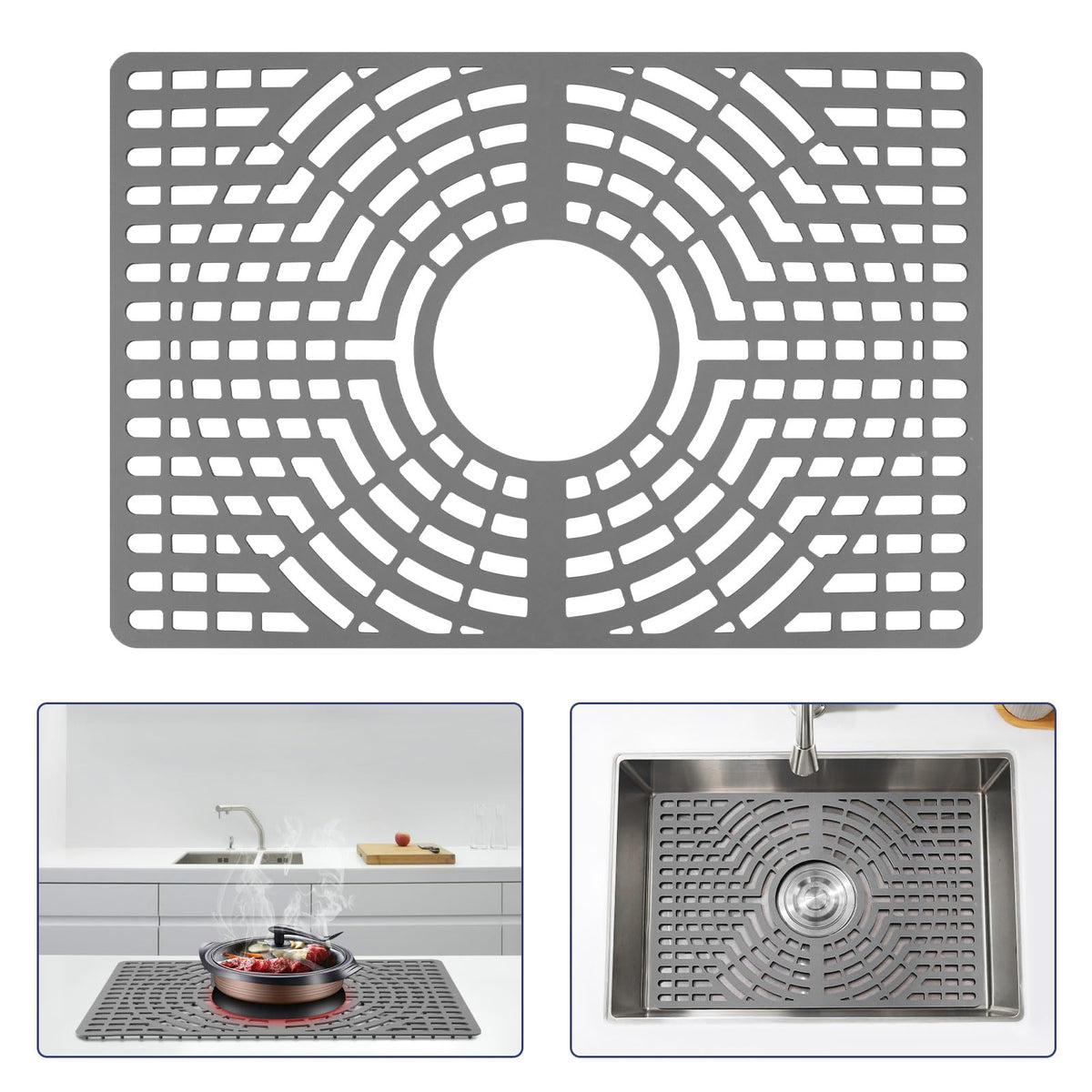 Snuggery silicone sink protector with center drain hole shows full bottom coverage.