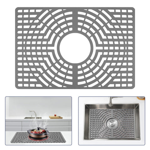 Snuggery silicone sink protector with center drain hole shows full bottom coverage.