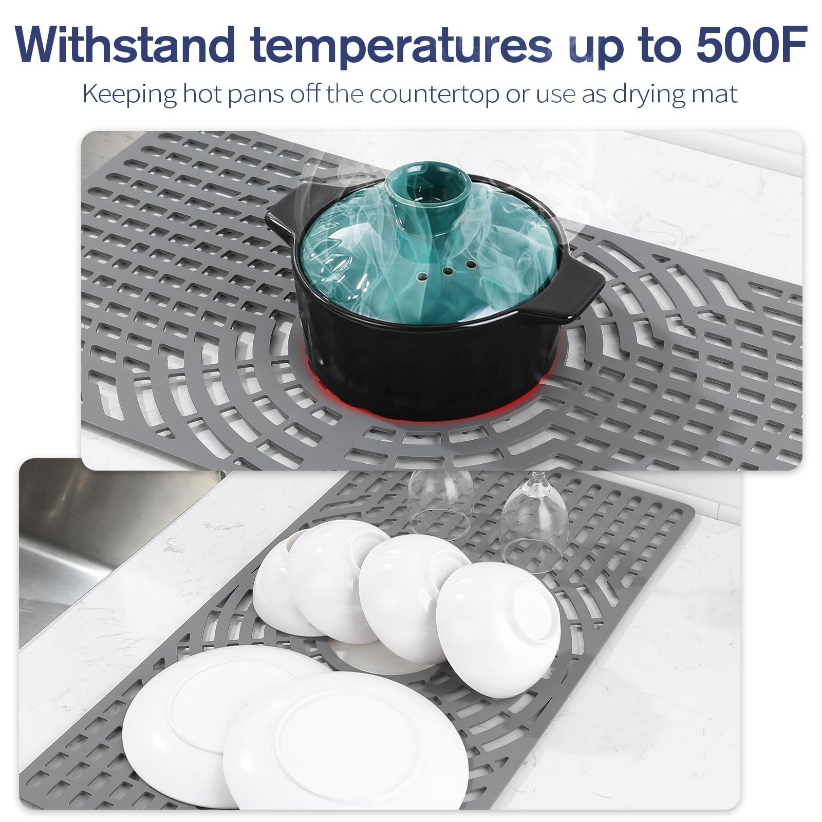 Large Snuggery bottom mat cushions glassware while protecting a stainless steel sink.