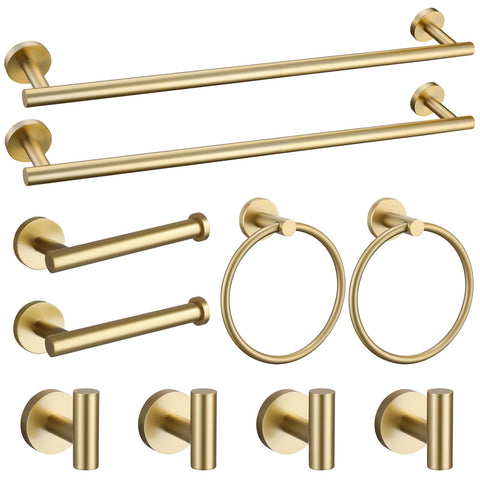 Soaez brushed gold towel bar set on wall, durable and rustproof for lasting use.