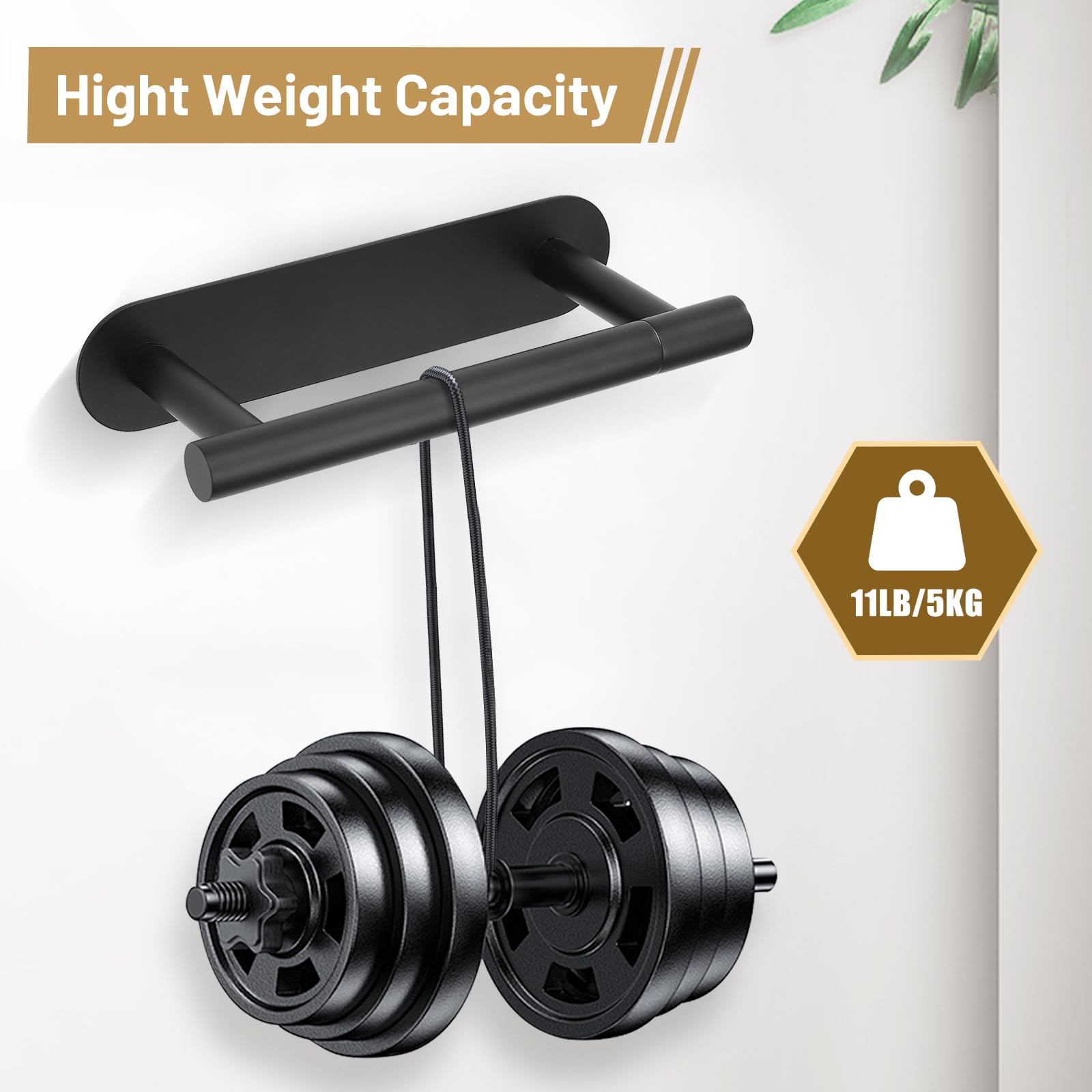 SOAEZ matte black wall mount toilet paper holder enabling no-drill installation.