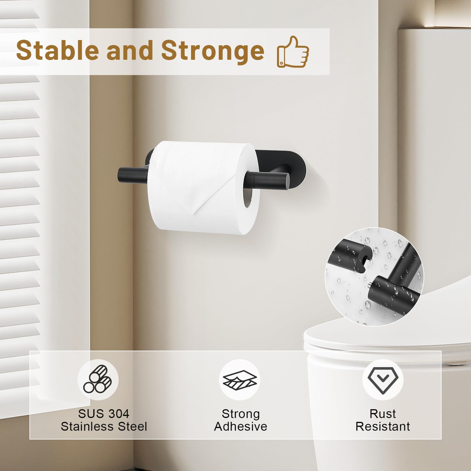 SOAEZ self adhesive toilet roll holder in stainless steel for durable humid-space use.