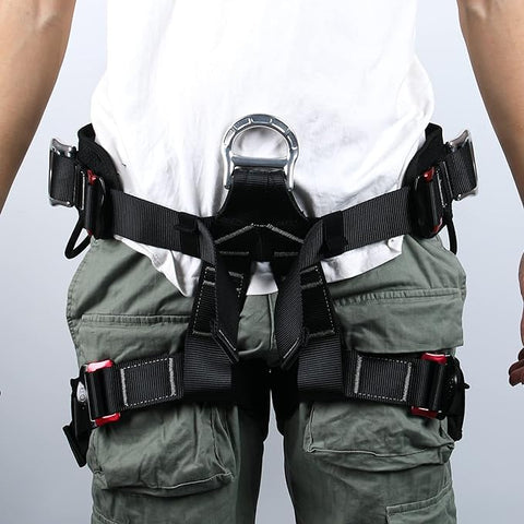 SOB Tree Climbing Harness buckle detail showing durable aluminum buckles