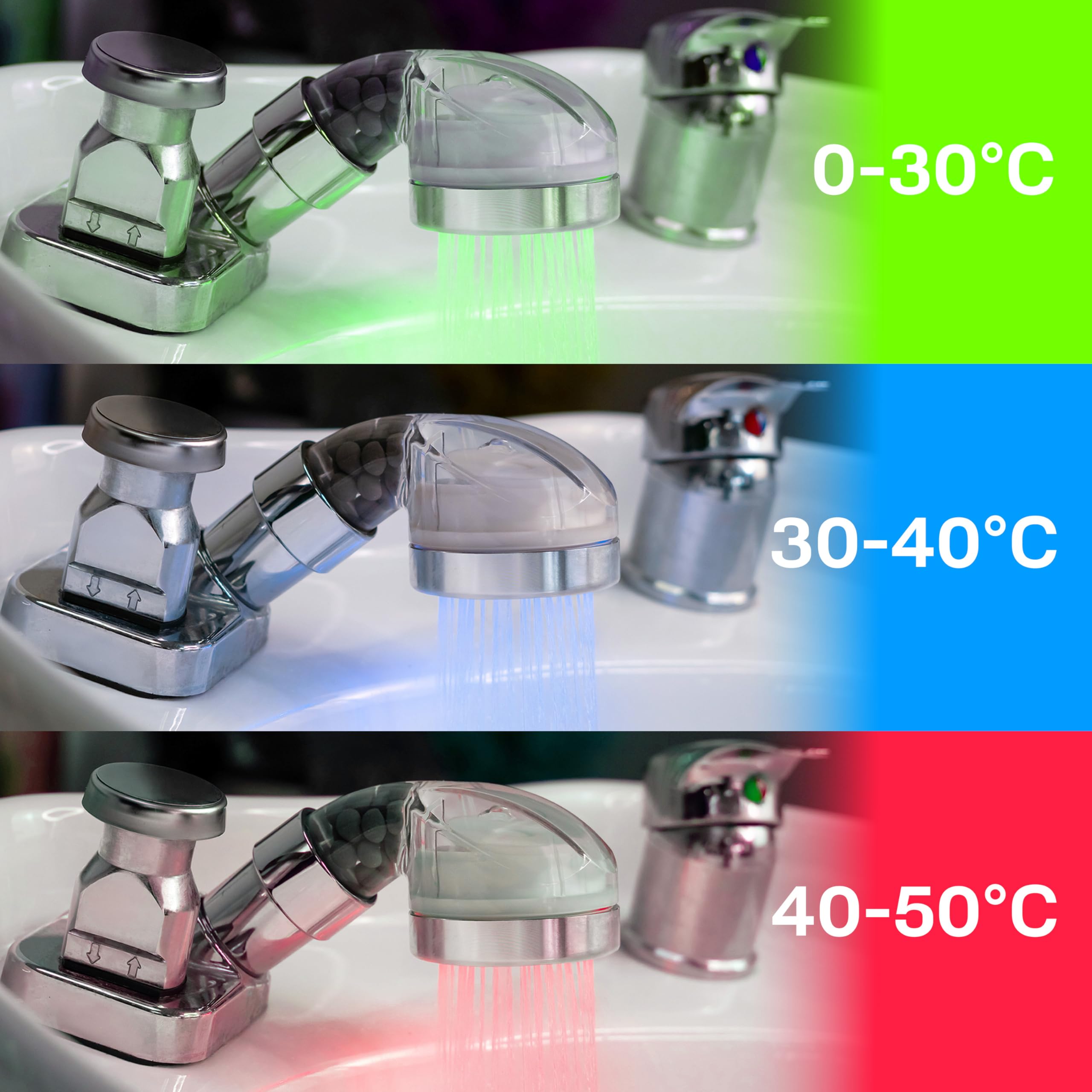 Socila LED sprayer head rainfall view highlights broad, gentle spray ideal for rinsing.