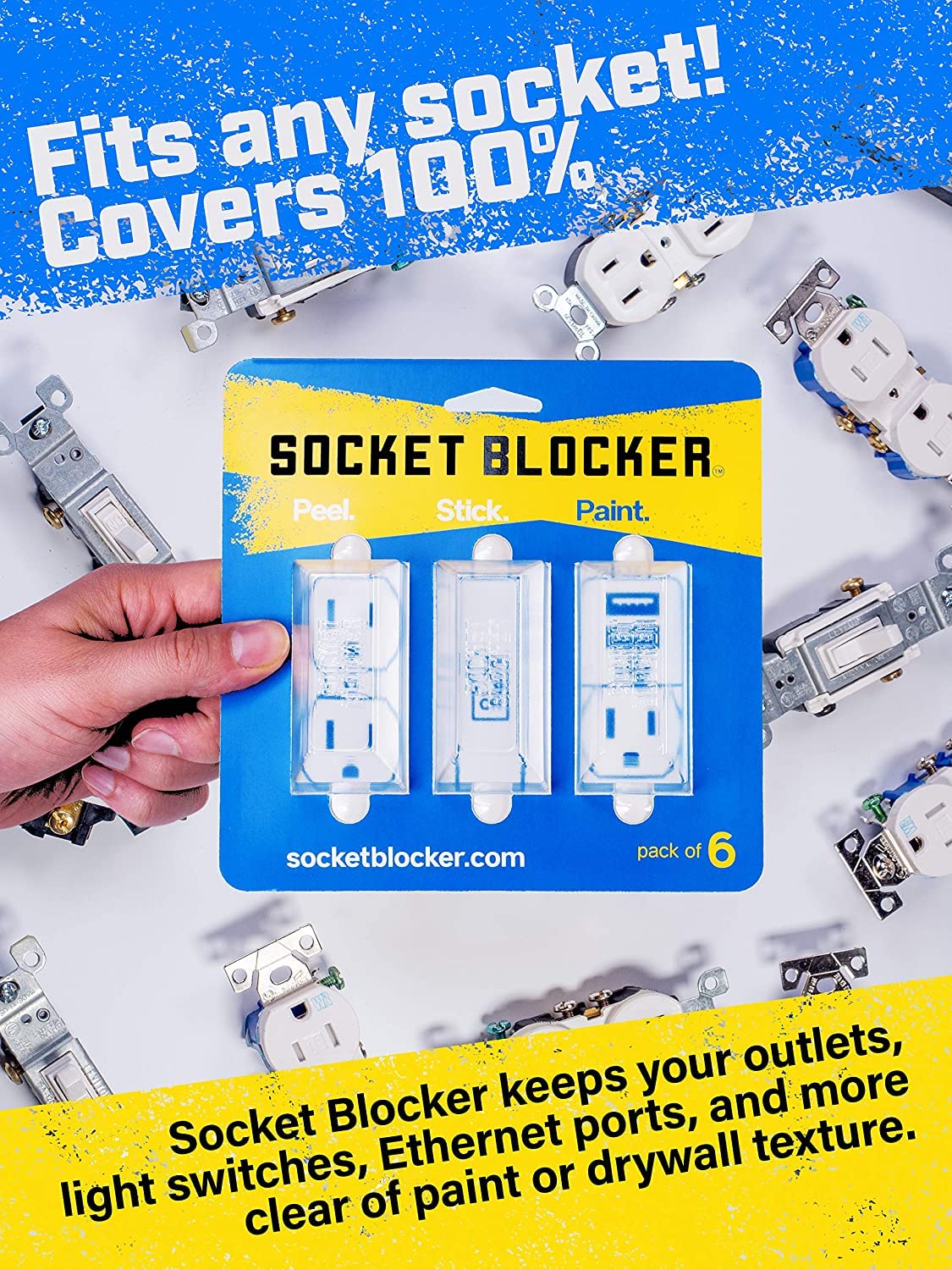 Socket Blocker durable-recycled-PET material protects outlets throughout painting tasks
